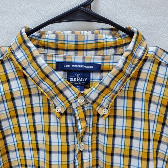 Old Navy Shirt Mens XXL Slim Fit Button Down Collar Poppy Roll Yellow Plaid Top - Picture 5 of 14